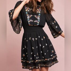 Maeve by Anthropologie Black Embroidered Boho Midi Dress | Size 6